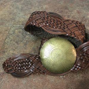 Brown braided belt Gold floral mandala buckle